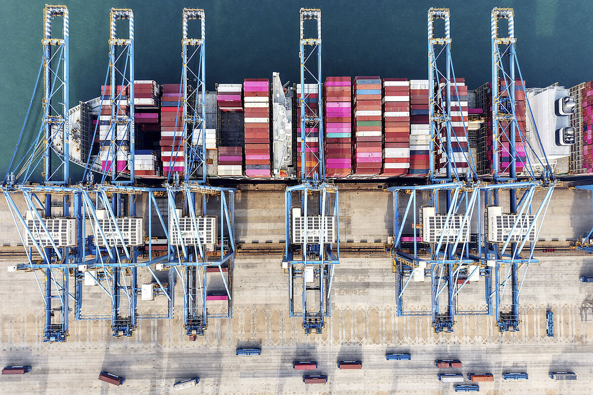 Overhead view of a container ship at port in China.