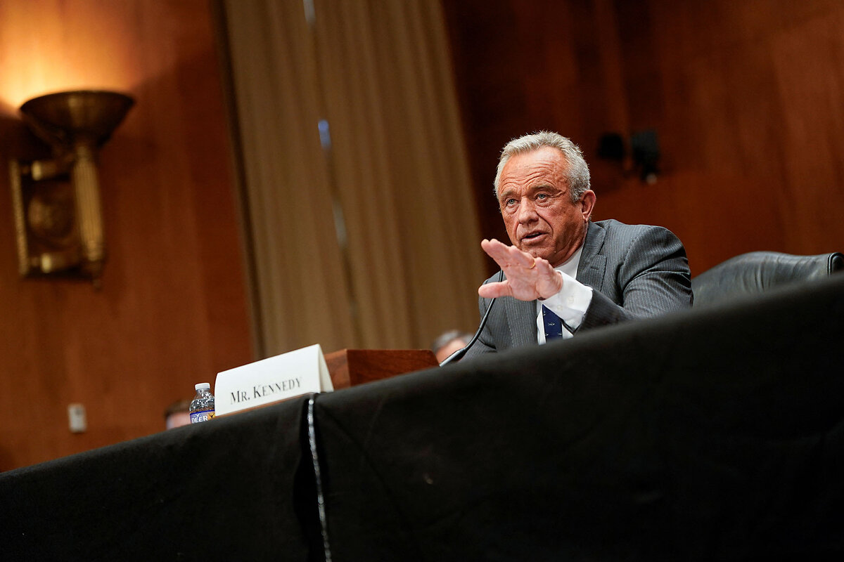 Robert F. Kennedy Jr. gestures as he speaks to senators.