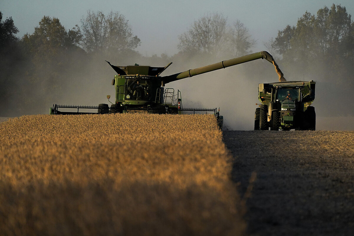 A farmer drives his combine while harvesting soybeans in Lynnville, Kentucky.