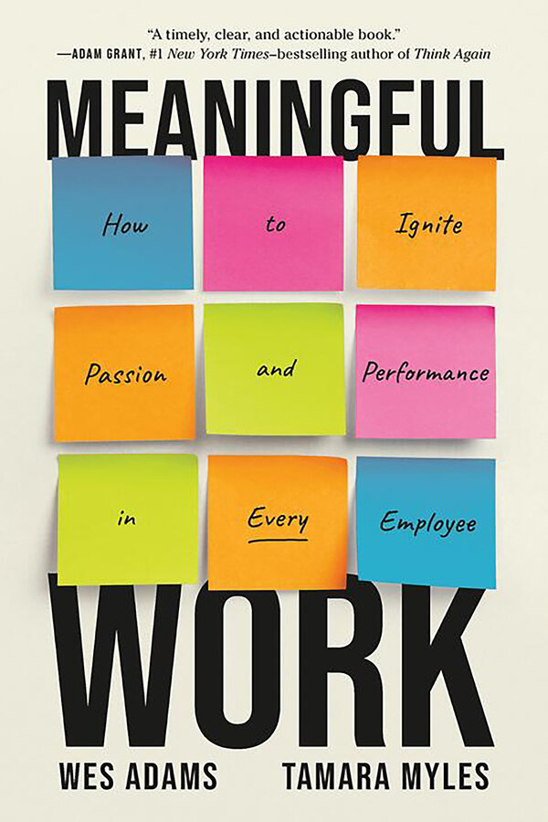 A cover of the new book Meaningful Work with colorful Post-It notes