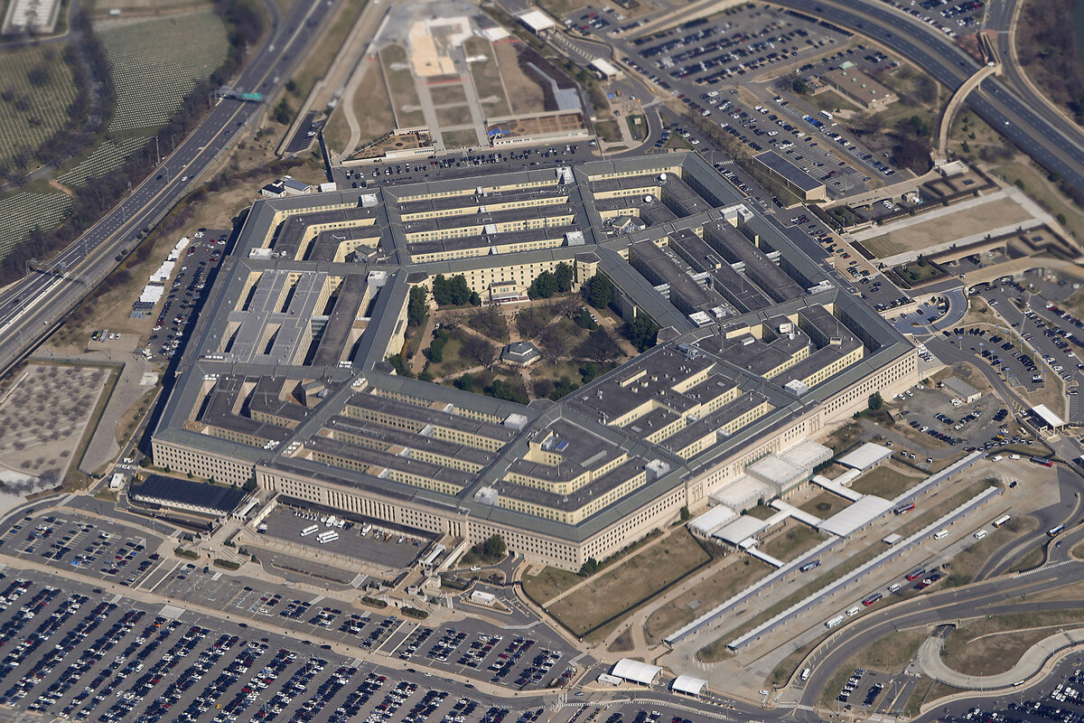 An aerial view shows the five-sided Pentagon building in Arlington County, Virginia.