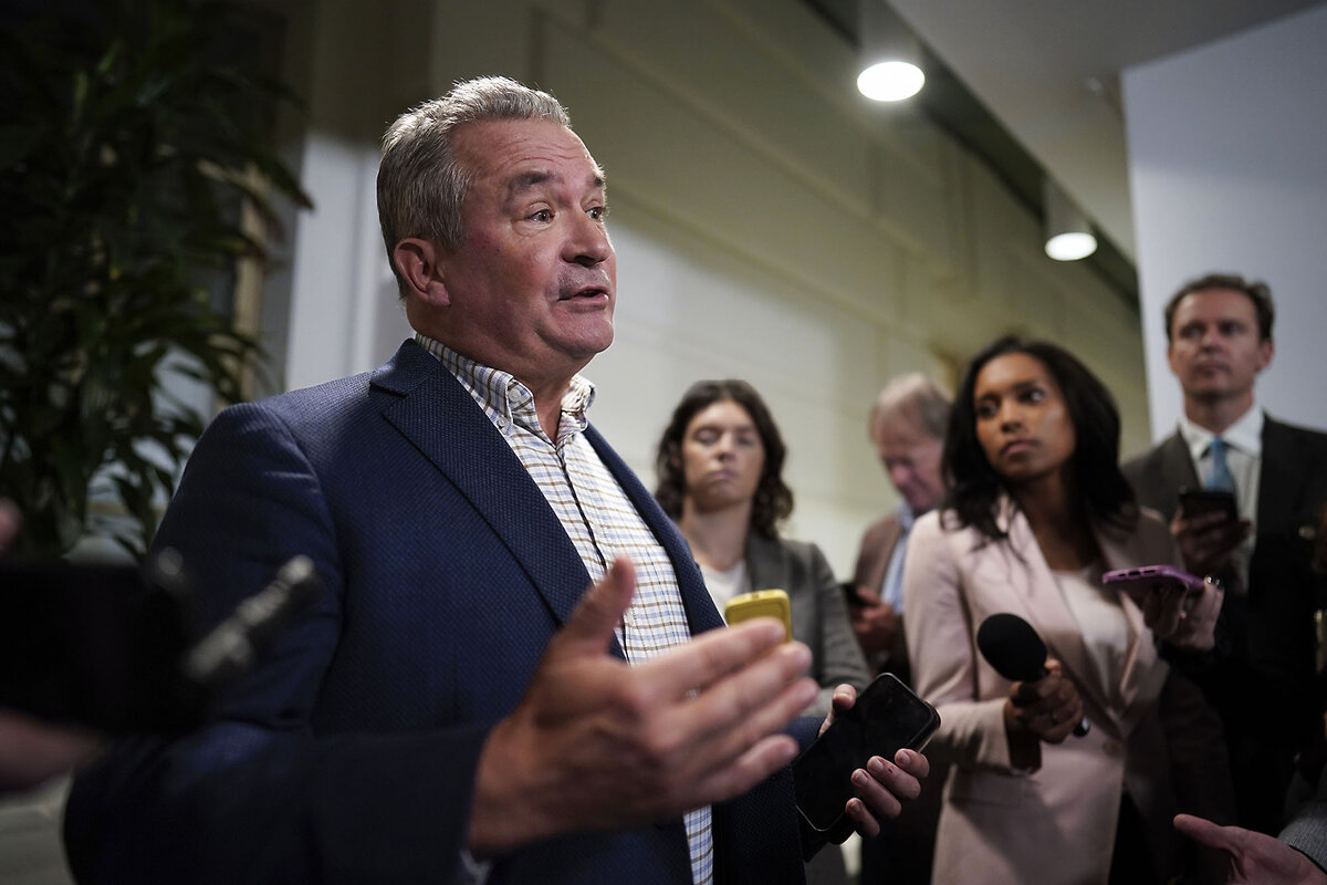 Rep. Don Bacon, a Republican from Nebraska, speaks amid a crowd of reporters following a closed-door GOP meeting at the Capitol in Washington, Oct. 16, 2023.