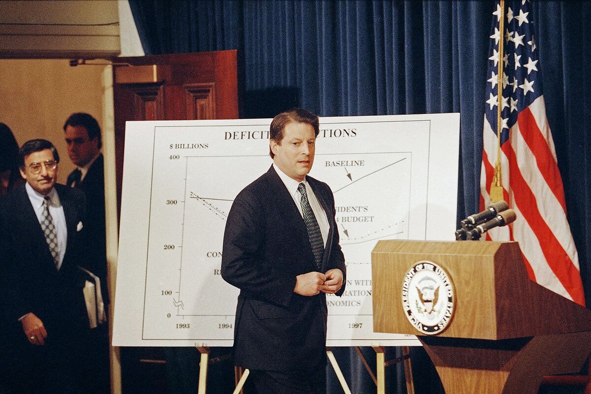 Vice President Gore approaches a lectern as he arrives for a briefing at the White House, April 8, 1993, to discuss President Clinton’s fiscal 1994 federal budget.