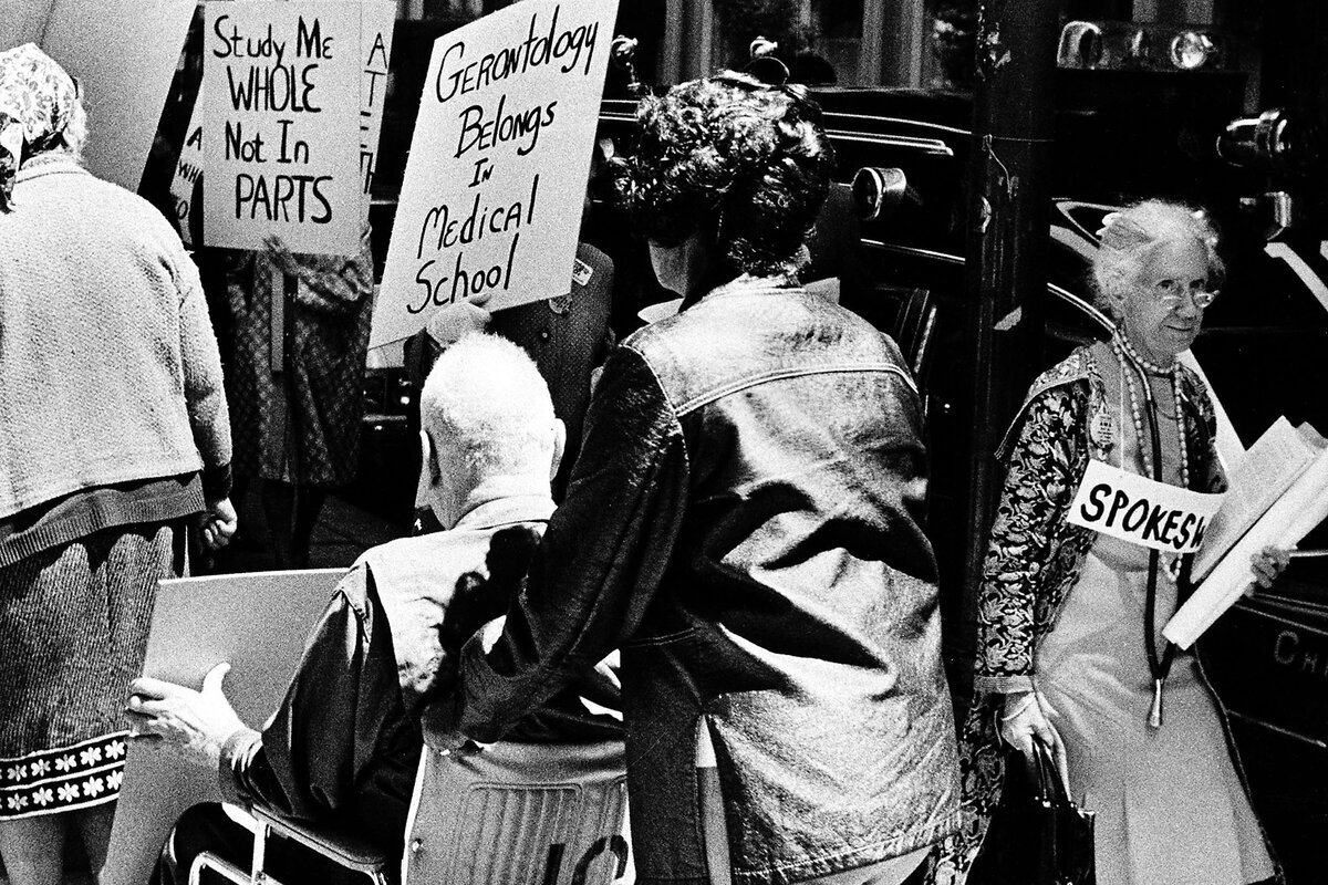 The Gray Panthers founder Maggie Kuhn and other demonstrators protest against ageism in Chicago in 1974.