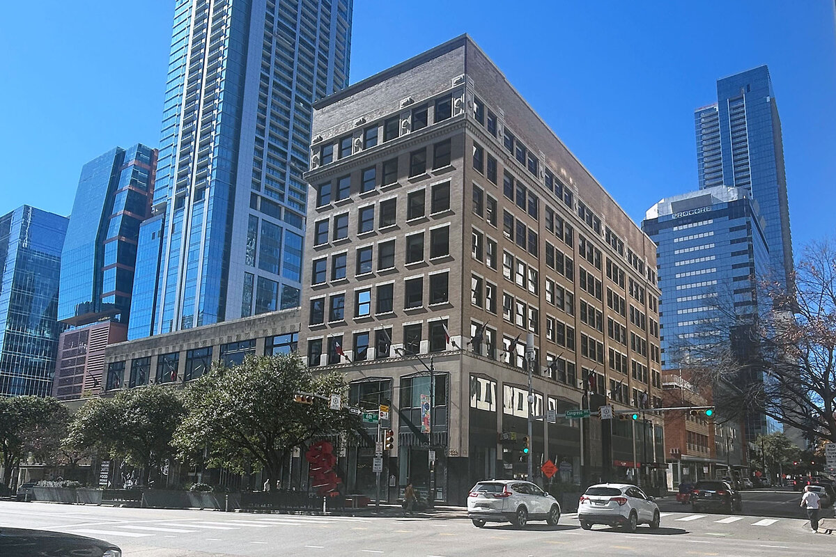 The Scarbrough Building, which houses the University of Austin, sits on a street corner in Austin, Texas