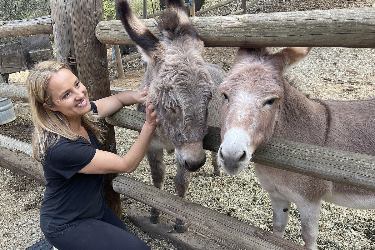 Sarah Kern visits her two donkeys, Mulberry and Rosie, at her home in Topanga, part of the greater Los Angeles area, Feb. 19, 2025. The donkeys poke their heads through a fence so Ms. Kern can reach them easily. During the Palisades Fire, which charred trees and cacti throughout her hilltop property, Ms. Kern evacuated her donkeys and six horses to the large animal evacuation center at LA Pierce College.