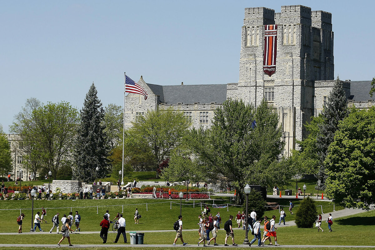 Students at Virginia Tech in Blacksburg walk on paths in a grassy open space that is framed by buildings and trees.