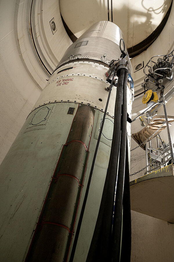 A towering ballistic missile is seen at F.E. Warren Air Force Base in Cheyenne, Wyoming.