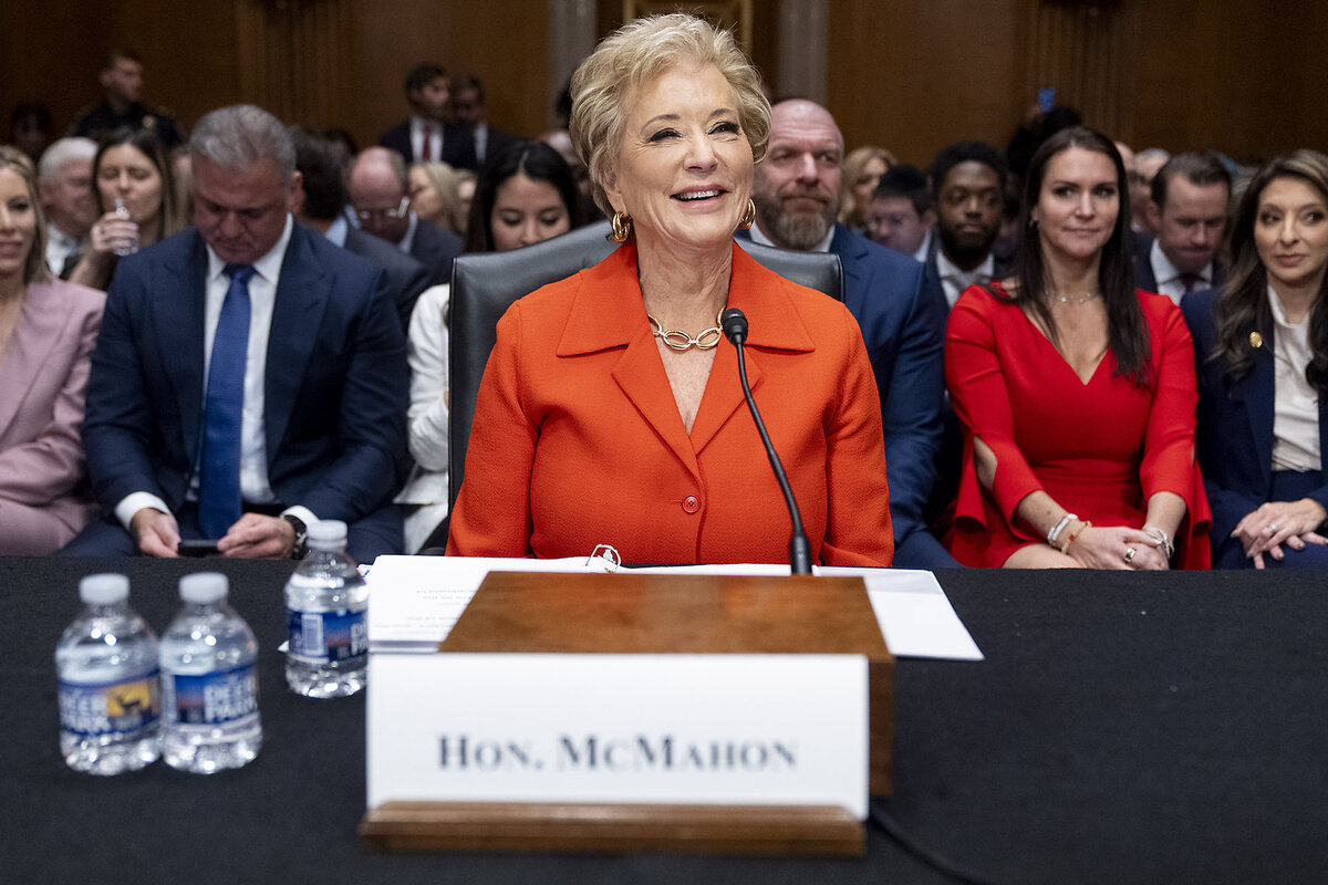 Linda McMahon, nominee for secretary of education, sits at a table in Congress for her confirmation hearing