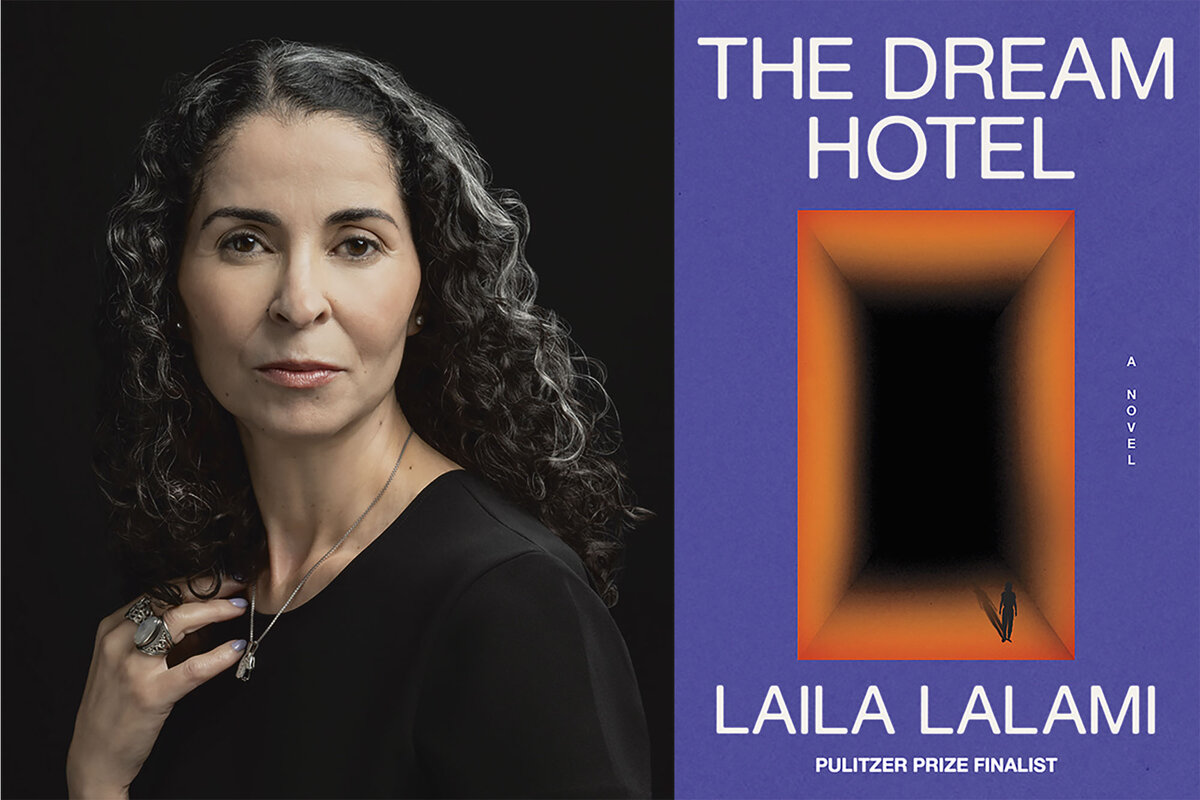 Author Laila Lalami poses next to the cover of her novel, "The Dream Hotel." 