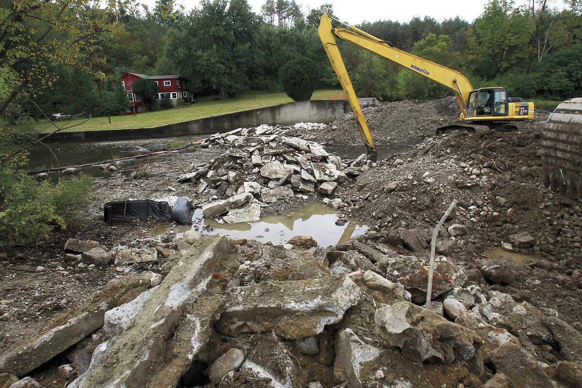 A digger is seen at Dufresne Pond. Dam removal in 2013 was to improve public safety and habitat for the Batten Kill River.