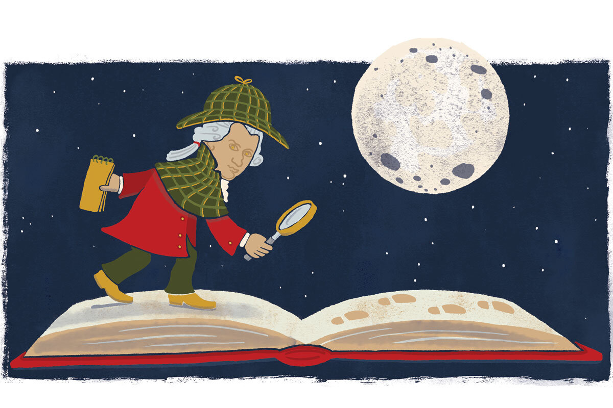 Illustration of Mozart in a deerstalker hat, like Sherlock Holmes, looking for clues. 