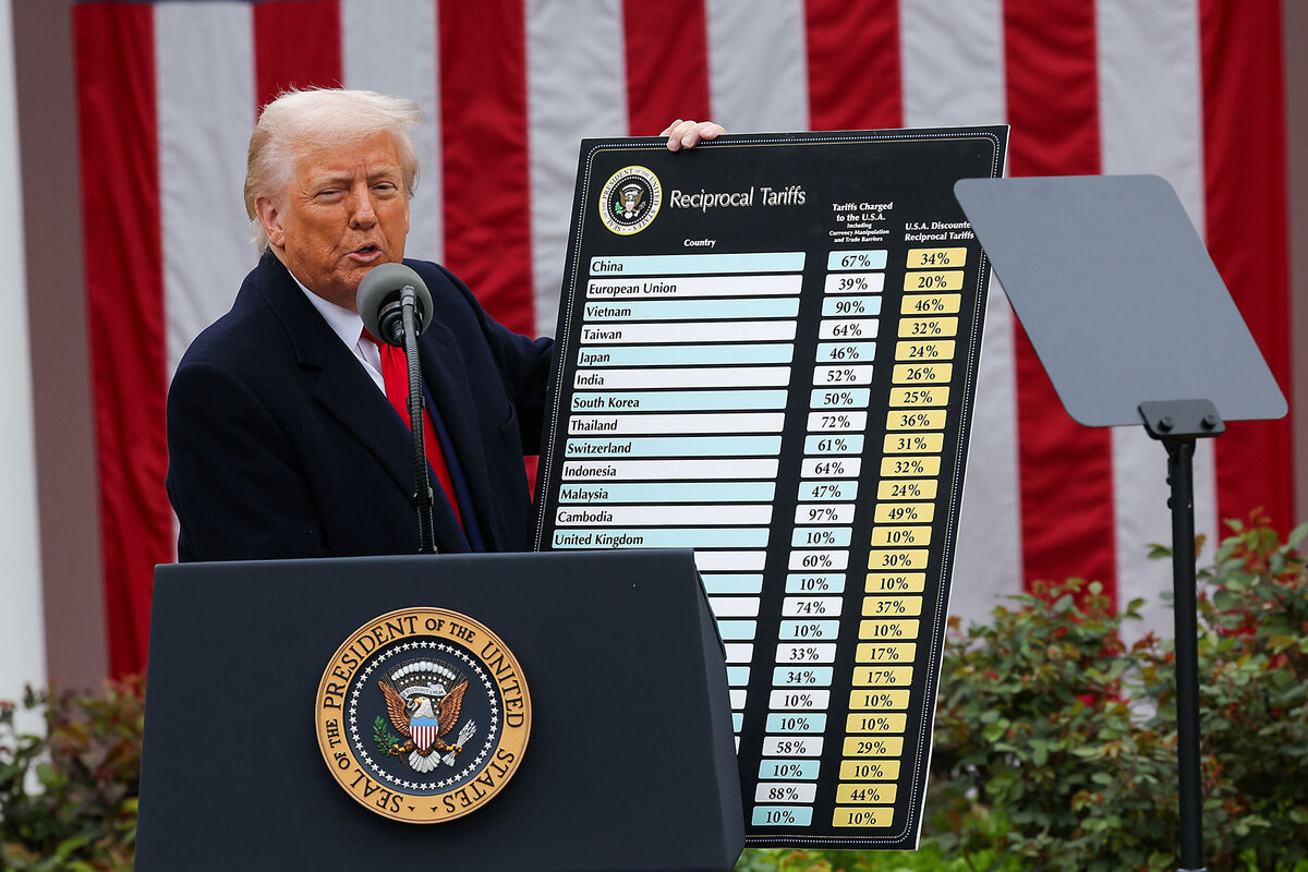 Donald Trump stands at a podium, showing a chart that lists tariffs for different nations. Behind him is large American flag.