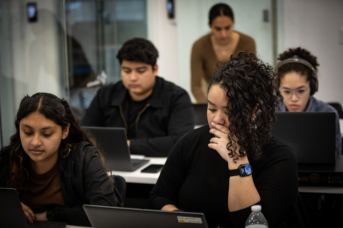 Students in a class for community health workers at La Colaborativa work on their writing skills, in Chelsea, Massachusetts, March 16, 2025. 