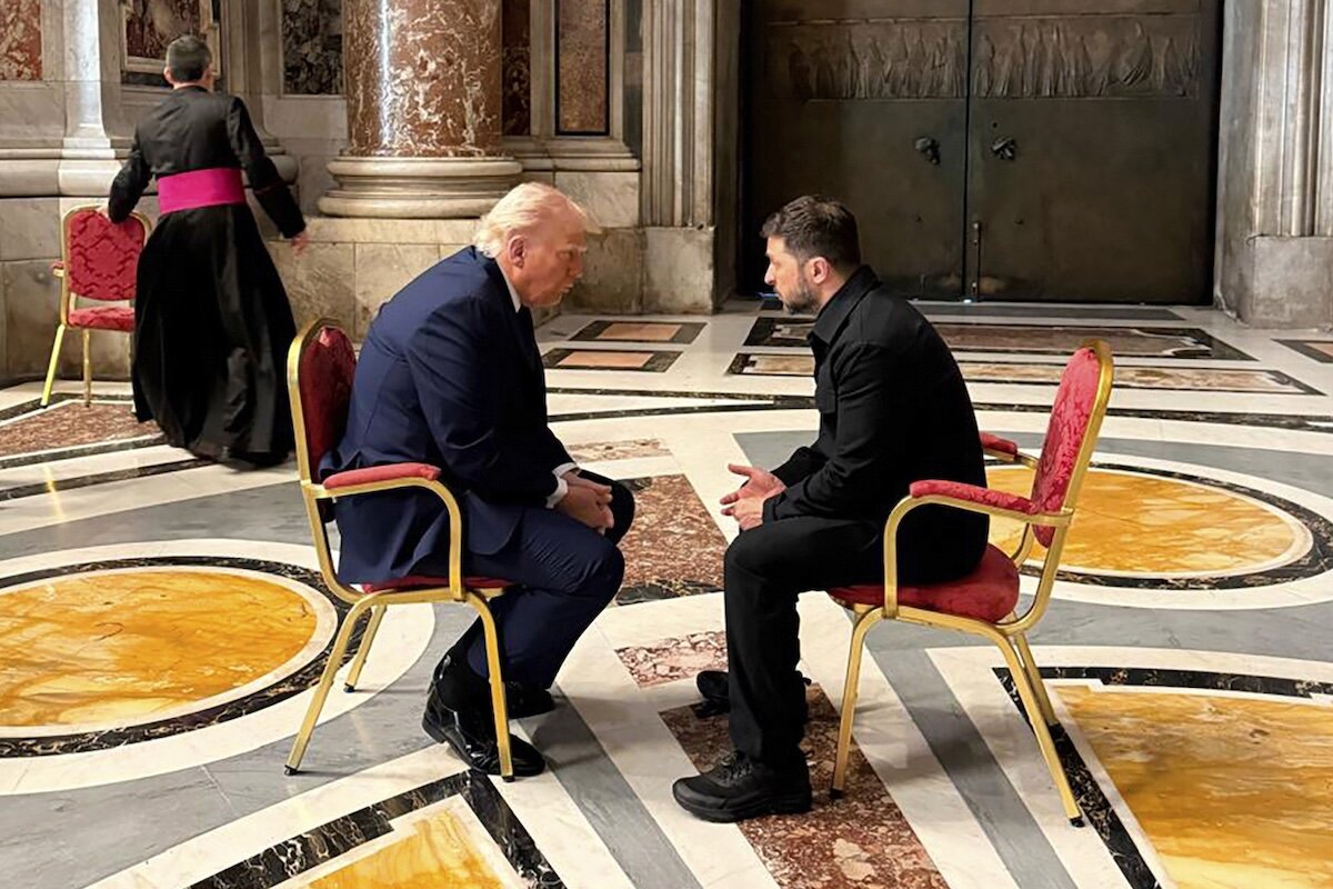 Ukrainian President Volodymyr Zelenskyy (right) and President Donald Trump talk as they attend the funeral of Pope Francis in Vatican, April 26, 2025.