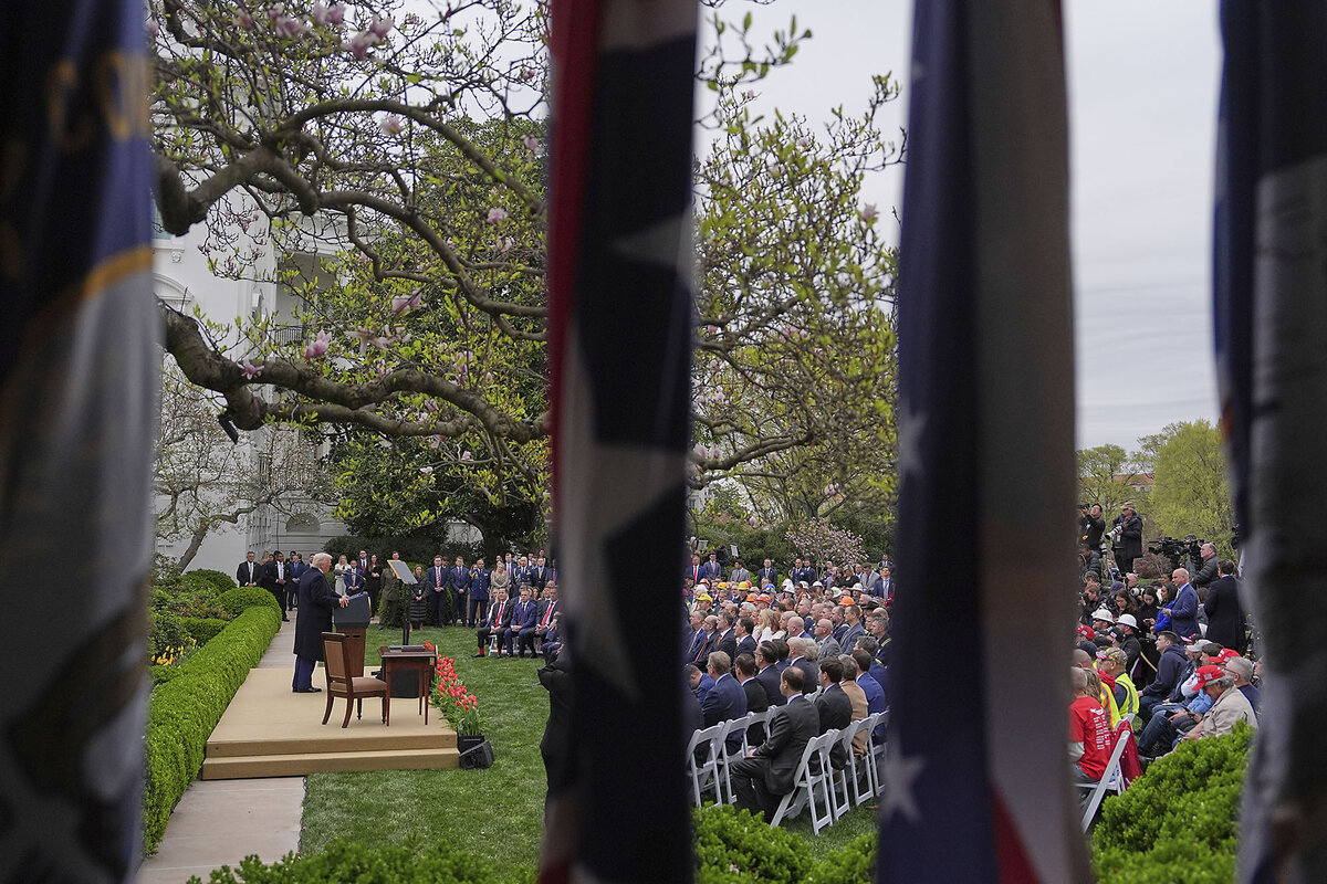 President Donald Trump announces his sweeping new tariffs in the Rose Garden at the White House, April 2, 2025, in Washington. 
