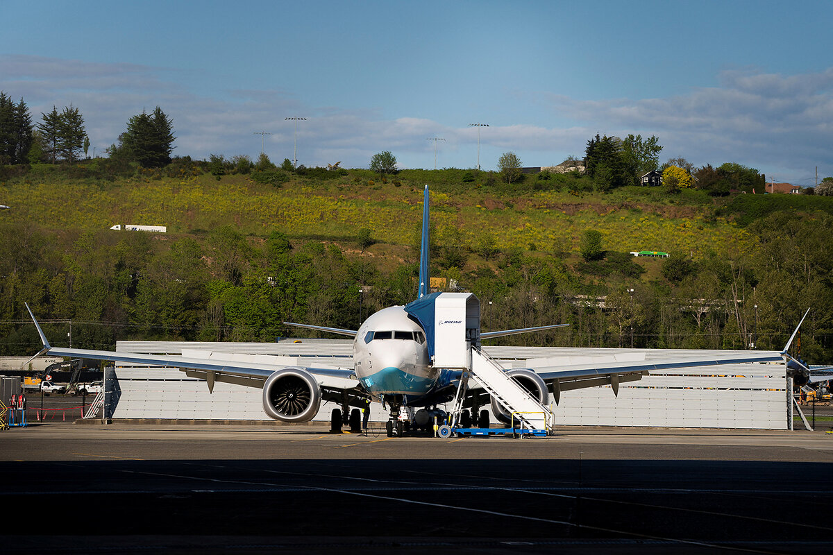 A Boeing 737 Max 8, the first jet intended for use by a Chinese airline, sits parked at Boeing Field in Seattle.