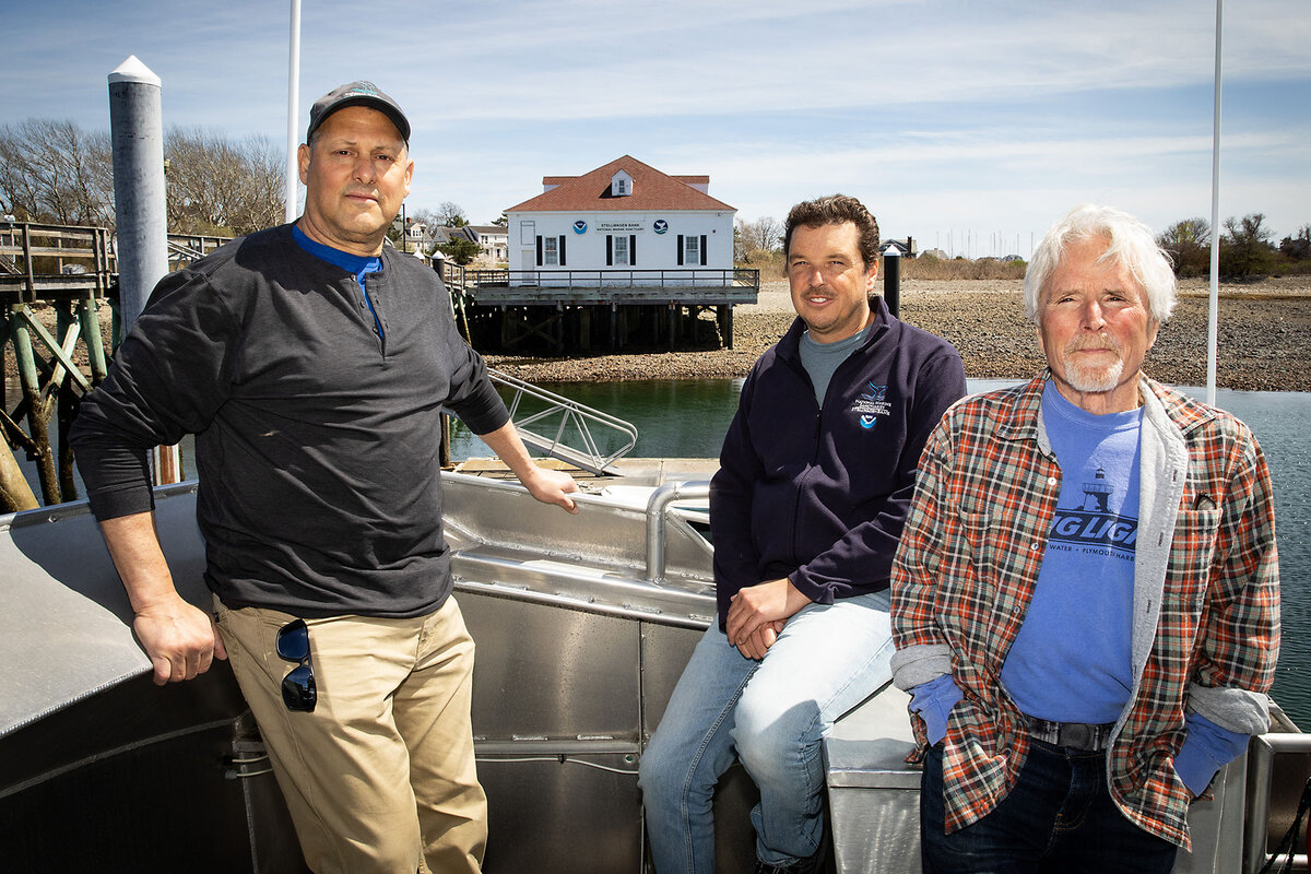 From left, Pete DeCola, Michael Thompson, and Dave Wiley of the Stellwagen Bank National Marine Sanctuary in Scituate, Massachusetts, help protect the North Atlantic right whale.