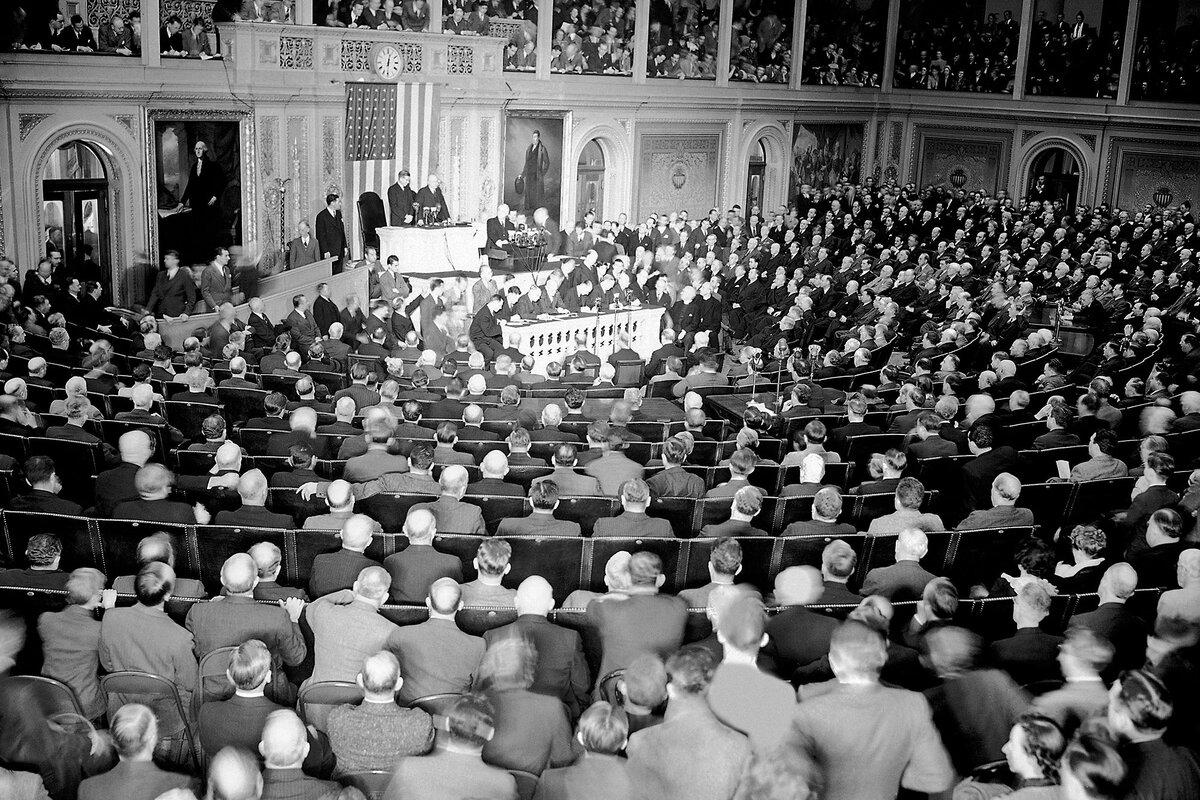 The House chamber in the U.S. Capitol is filled with seated lawmakers listening to President Franklin Roosevelt.