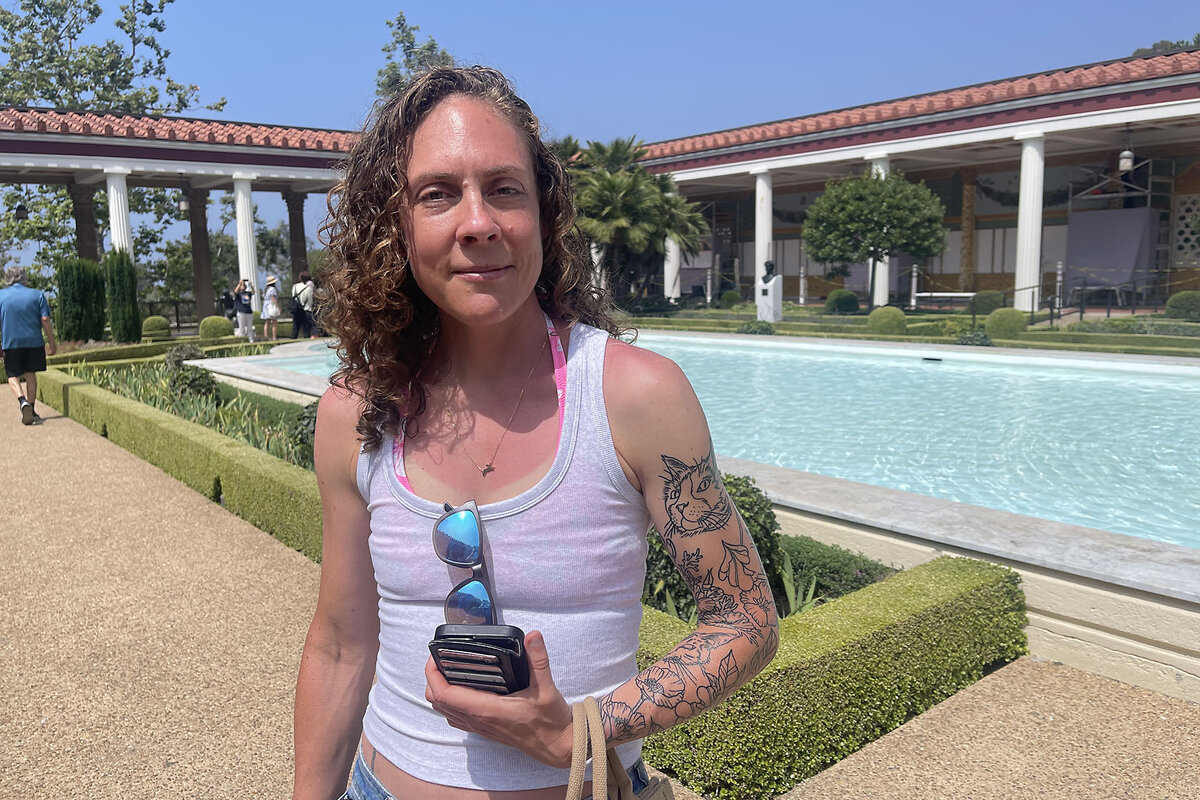LA native Robyn Kranzler visits the Getty Villa reopening in Los Angeles, June 27, 2025. Ms. Kranzler has been living in Wisconsin for the last few years, and is visiting the museum for the first time on a trip back home. 
