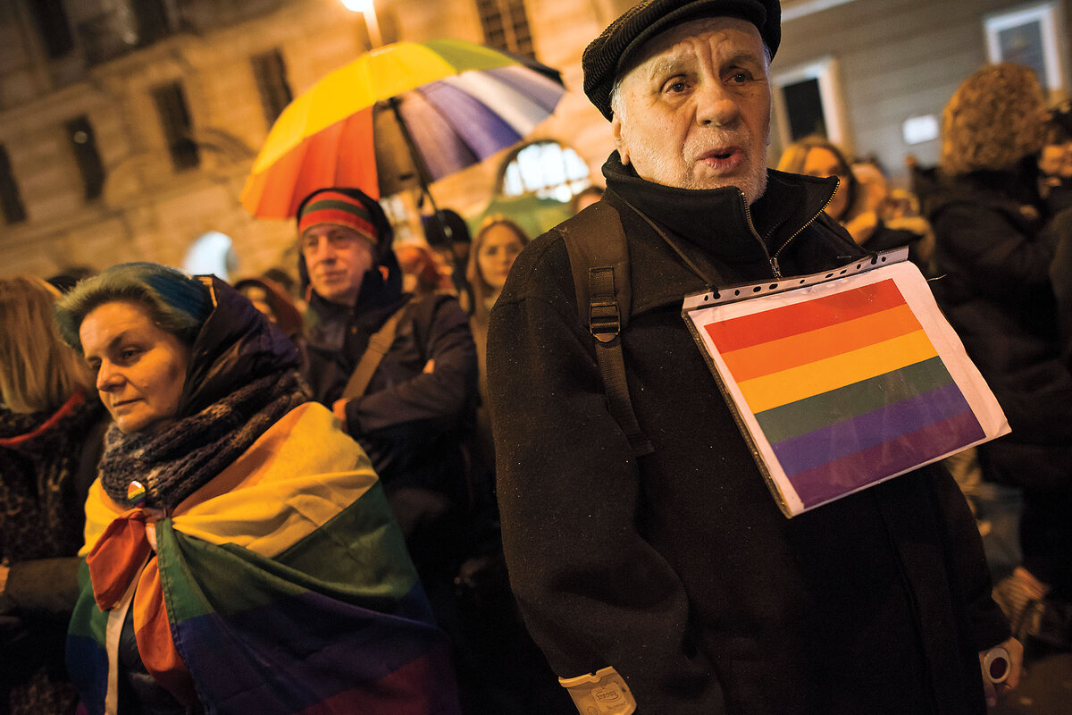 People in Warsaw, Poland, display rainbow symbols to protest the country’s “LGBT-free zones” before they were rescinded.