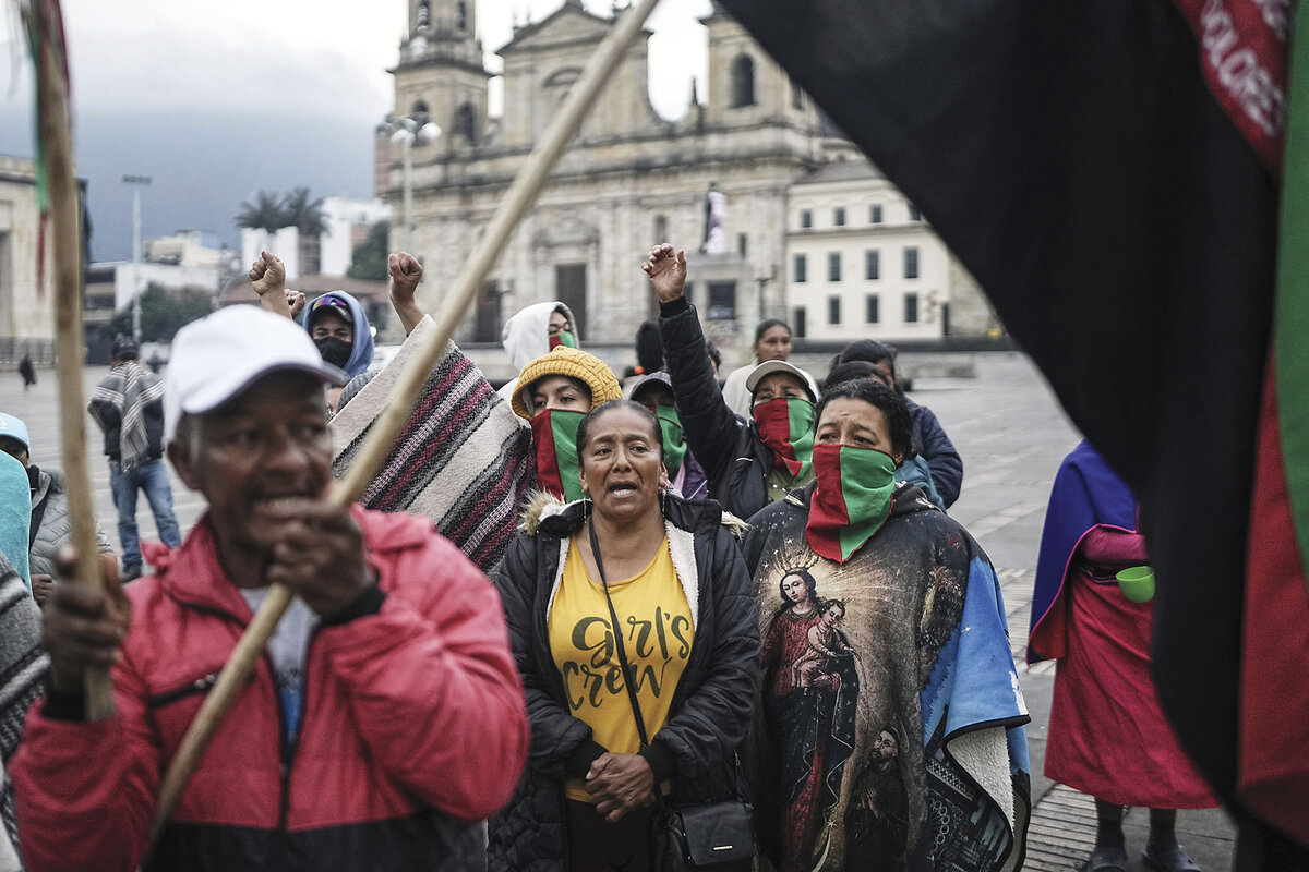 Indigenous people gather in Bogotá, Colombia, to demand the government uphold its agreements for their regions, April 2, 2025.