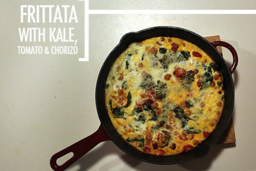 Feasting on Art Frittata with kale, tomato, and chorizo