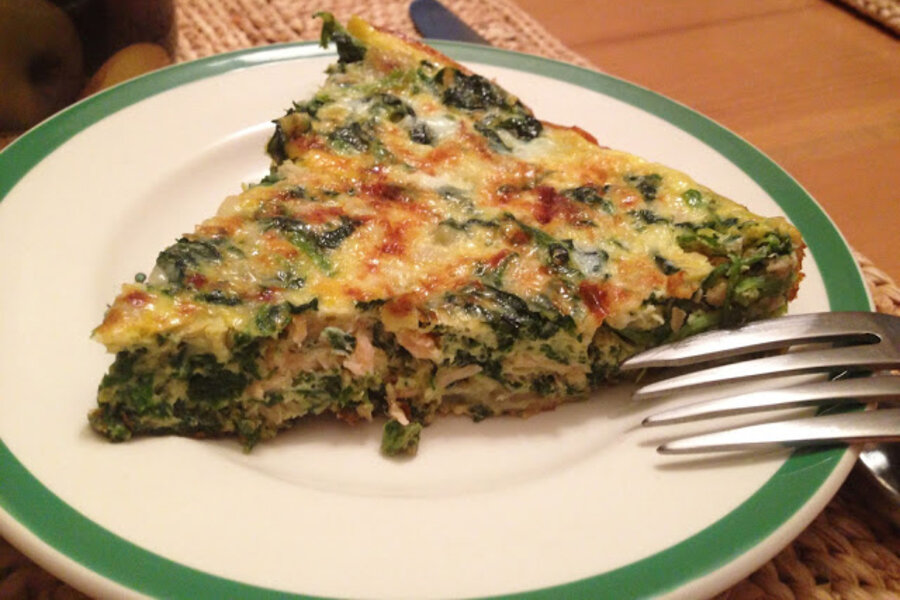 Smoked salmon frittata with caramelized onions and spinach