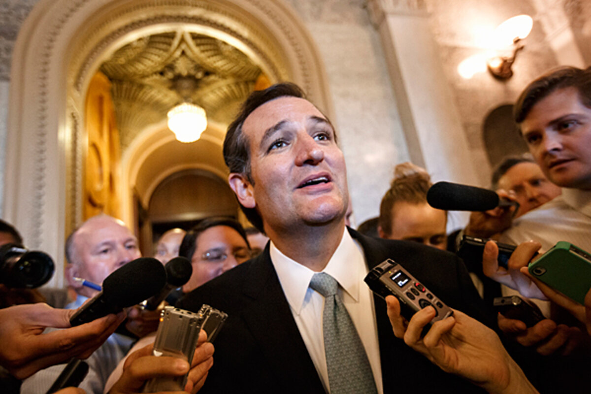 Sen. Ted Cruz (R-TX), (L) shakes hands with Rep. Mark Meadows (R-NC) as  Sen. Rand Paul (R-KY) looks on in front of the US Capitol at a Tea Party  rally to push, image size:1200x800