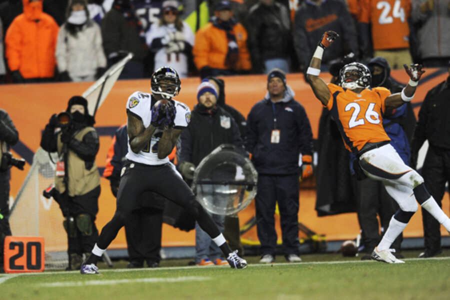 RAW FILE - Baltimore Ravens wide receiver Jacoby Jones (12) catches a pass  for a touchdown late in the fourth quarter of an AFC divisional playoff NFL  football game in Denver. (AP