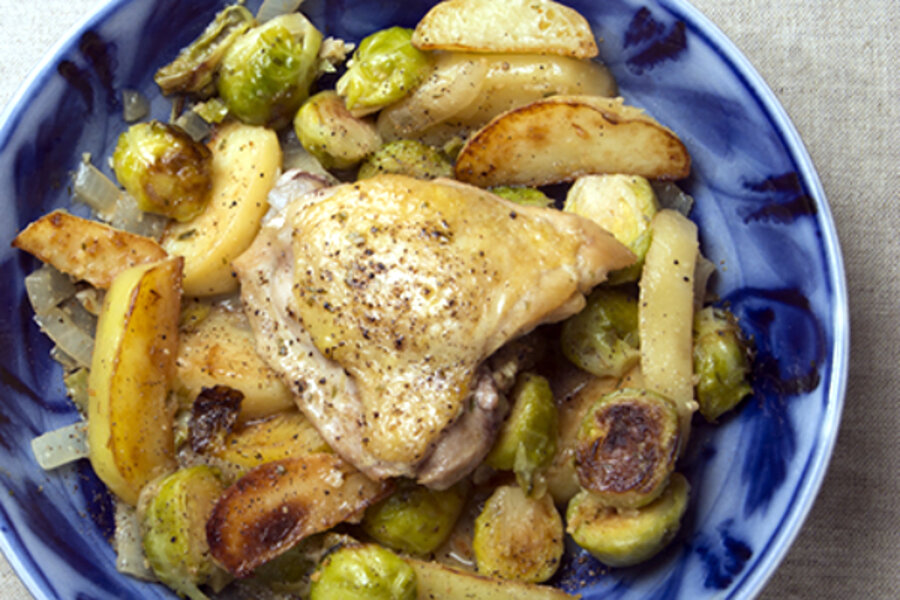 Braised chicken thighs with Brussels sprouts and potatoes