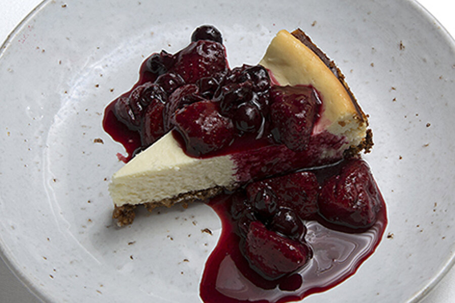 Chevre cheesecake with hazelnut crust and fruit compote