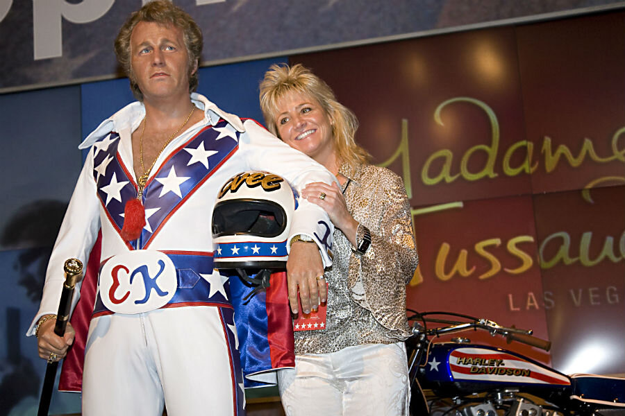 Evel Knievel lifelike wax figure with wife Krystal Knievel at Madame Tussau...