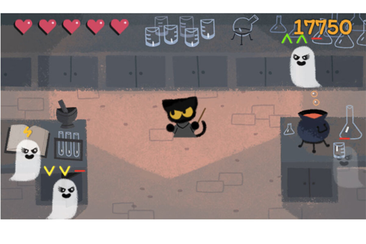 A small black wizard cat faces cartoon ghosts in Google's Magic Cat Academy