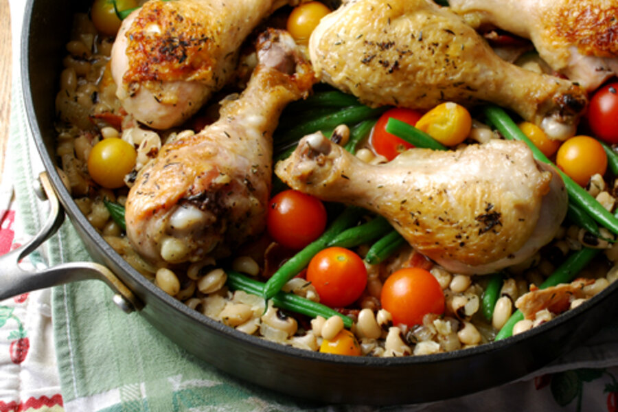 One-skillet chicken with black-eyed peas and cherry tomatoes 