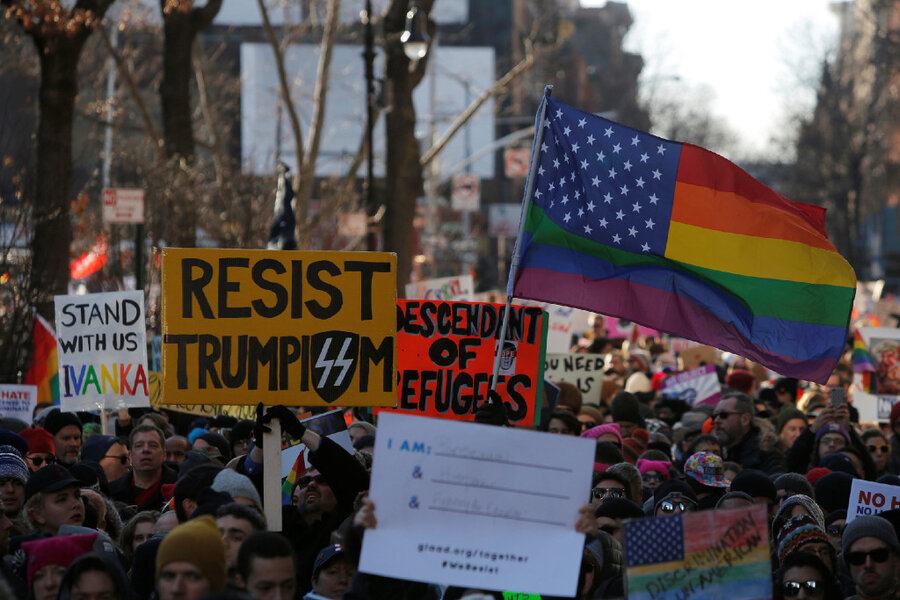 LGBT community, allies flock to Stonewall Inn to protest Trump's agenda -  CSMonitor.com