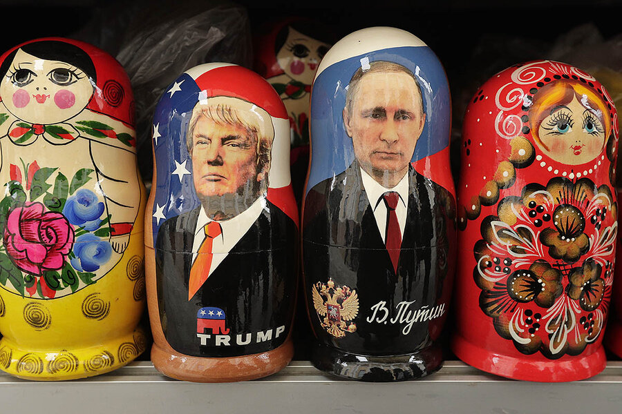 The Trump doll doesn't fit into the Putin doll, and vice versa; but that doesn't mean Trump's destructive anti-U.S./pro-Russia policies are good, nor that Russia didn't illegally interfere in U.S. elections, nor that illegally activities on both sides didn't tip the election, even if not formally coordinated. Christian Science Monitor image, From Dmitri Lovetsky/AP, dolls in a St. Petersburg, Russia, souvenir shop.