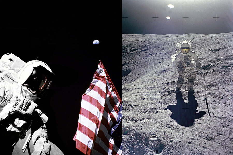 astronauts on the moon flag