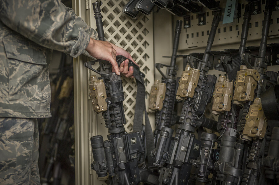 Airman 1st Class Aaron Montoya/U.S Air Force/AP A senior airman returns an M4 carbine to a rack at Holloman Air Force Base, New Mexico on April 2, 2015. At least 1,900 U.S military weapons were lost or stolen in the decade following 2010.