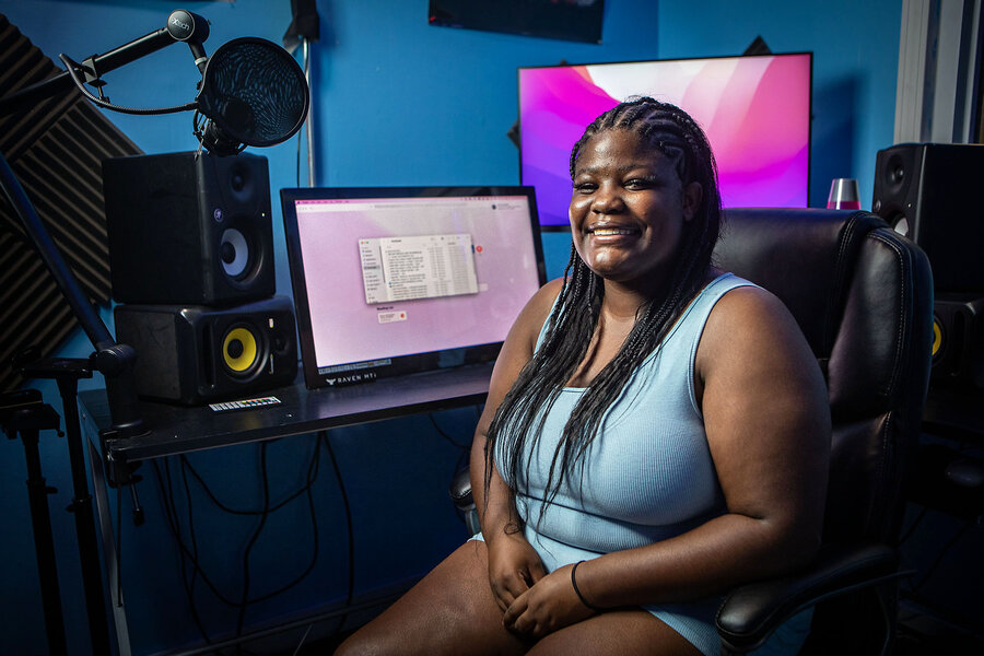 Melanie Stetson Freeman/StaffZariyah Witherspoon, 17, poses in the recording studio where she is learning how to mix sound, at South Street Youth Center, which provides summer jobs and training to teens in Boston, July 18, 2024.