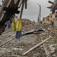A central street is covered in debris from destroyed residential buildings after Russian bombing in Kurakhove, Ukraine, on Nov. 7, 2024.