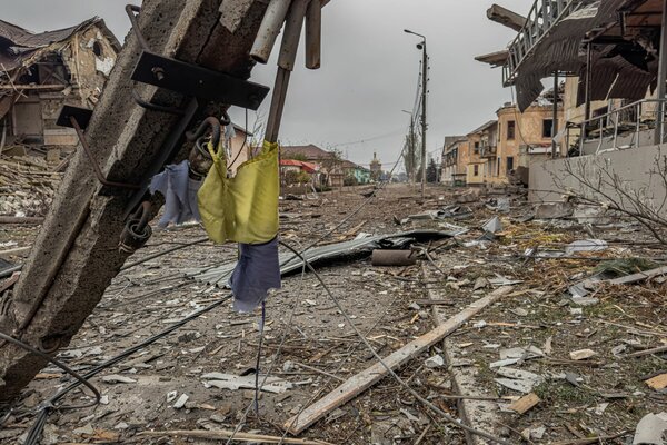 A central street is covered in debris from destroyed residential buildings after Russian bombing in Kurakhove, Ukraine, on Nov. 7, 2024.