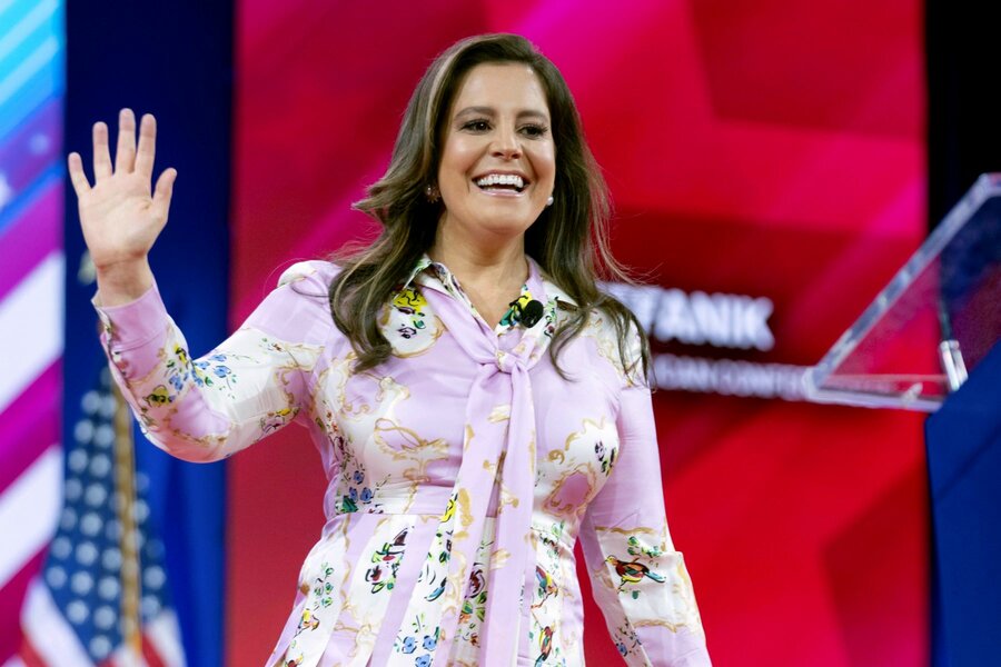 Republican Conference Chair Rep. Elise Stefanik, R-N.Y., waves to supporters at CPAC in Oxon Hill, Md., Feb. 23, 2024. 