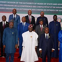 Nigerian President Bola Ahmed Tinubu (third from left, first row) poses for a group photo with other West African leaders before the start of the ECOWAS meeting, in Abuja, Nigeria, Dec. 15, 2024. 