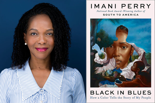 Imani Perry smiles in a portrait shown alongside the book cover for "Black in Blues: How a Color Tells the Story of My People."