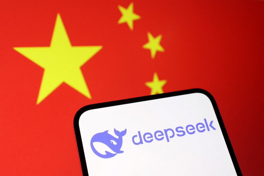 The logo for DeepSeek is seen on a phone screen, with the image of a Chinese flag in the background.