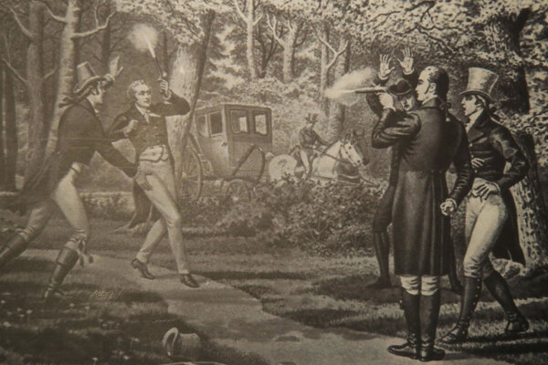 The Alexander Hamilton exhibit at the Smithsonian National Postal Museum in Washington displays an image of Vice President Aaron Burr (right) shooting Alexander Hamilton. in a duel in Weehawken, New Jersey.