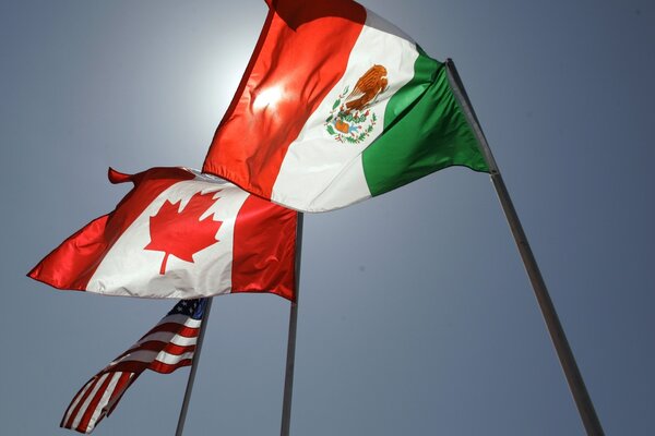 Flags of the United States, Canada, and Mexico fly in New Orleans. 