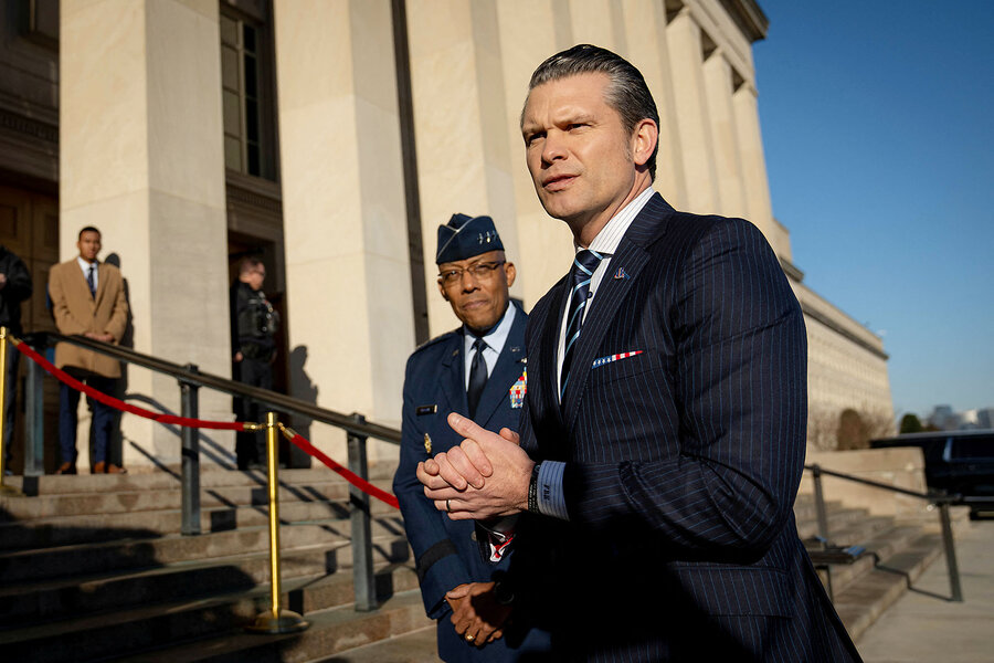 U.S. Secretary of Defense Pete Hegseth speaks to the news media after being greeted by Chairman of the Joint Chiefs of Staff Air Force Gen. CQ Brown Jr. at the Pentagon in Washington, Jan. 27, 2025. 