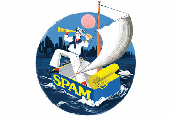 A  blue and white illustration by Linda Bleck shows a sailor in a "boat" made from an empty can of Spam.